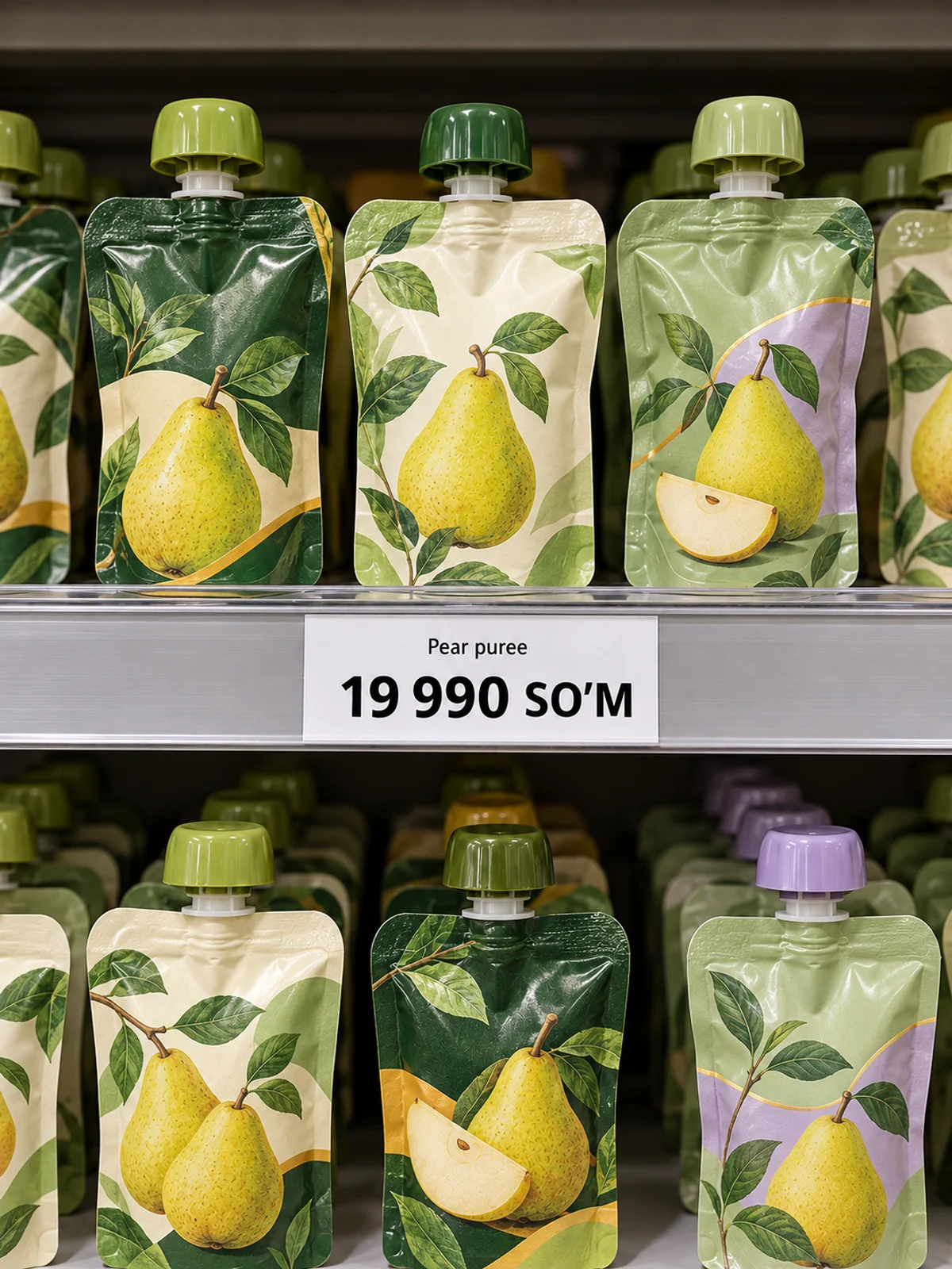 Demonstration shelf with pear purée and a 19,990 UZS price tag