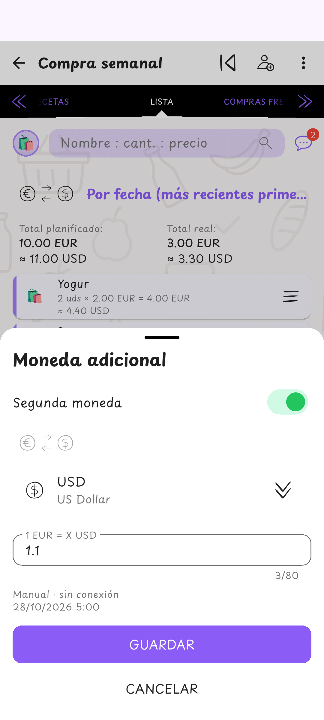 Un segundo precio que entiendes · Precios y cambio de ejemplo