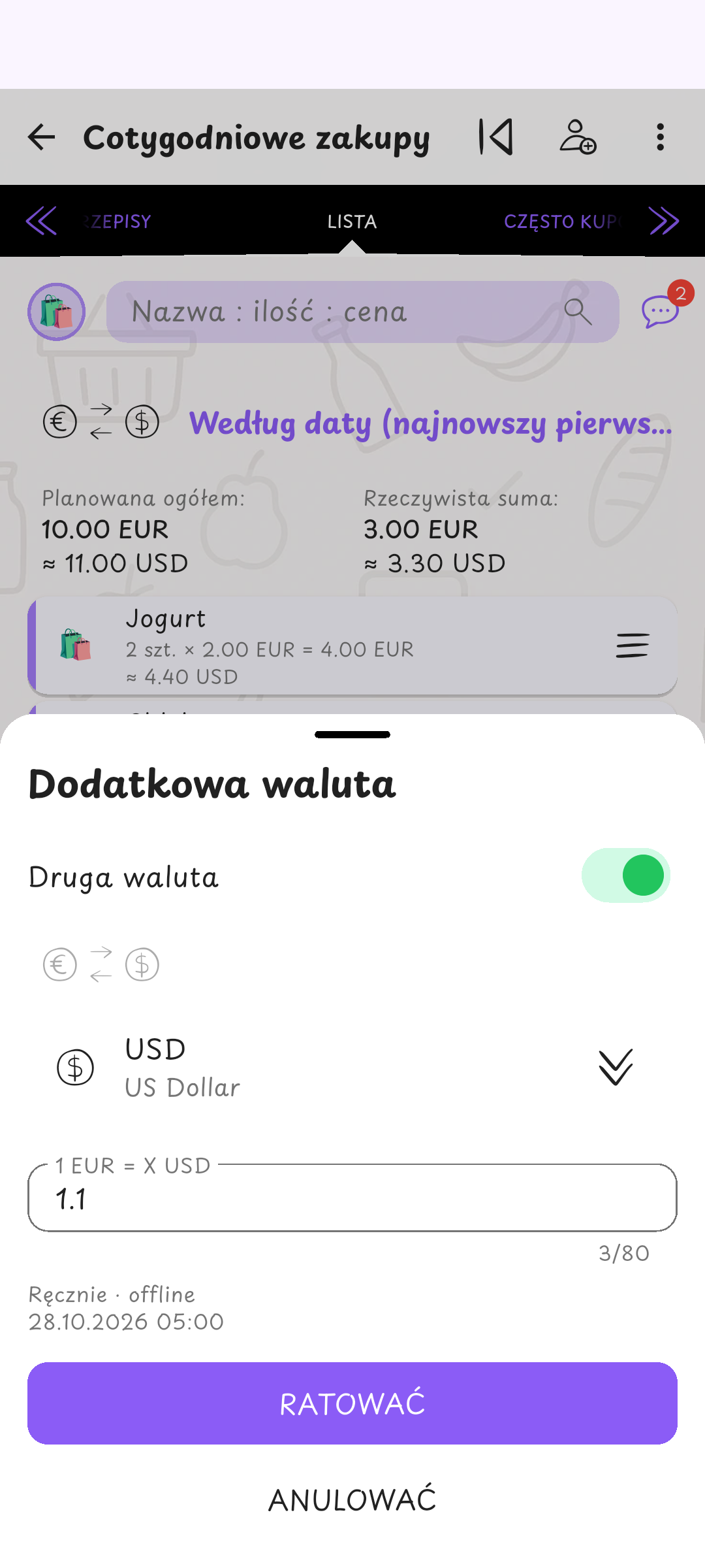 Druga cena w znajomej walucie · Przykładowe ceny i kurs
