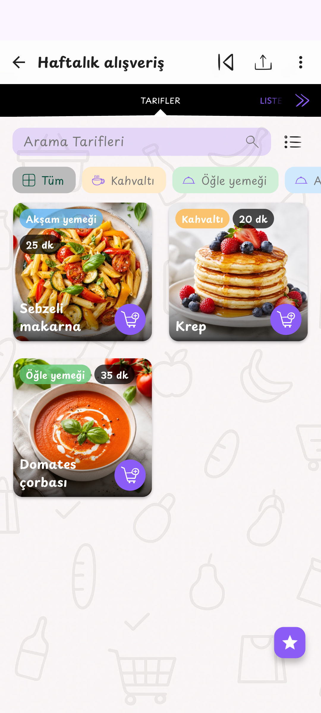 Tariften alışveriş listesine