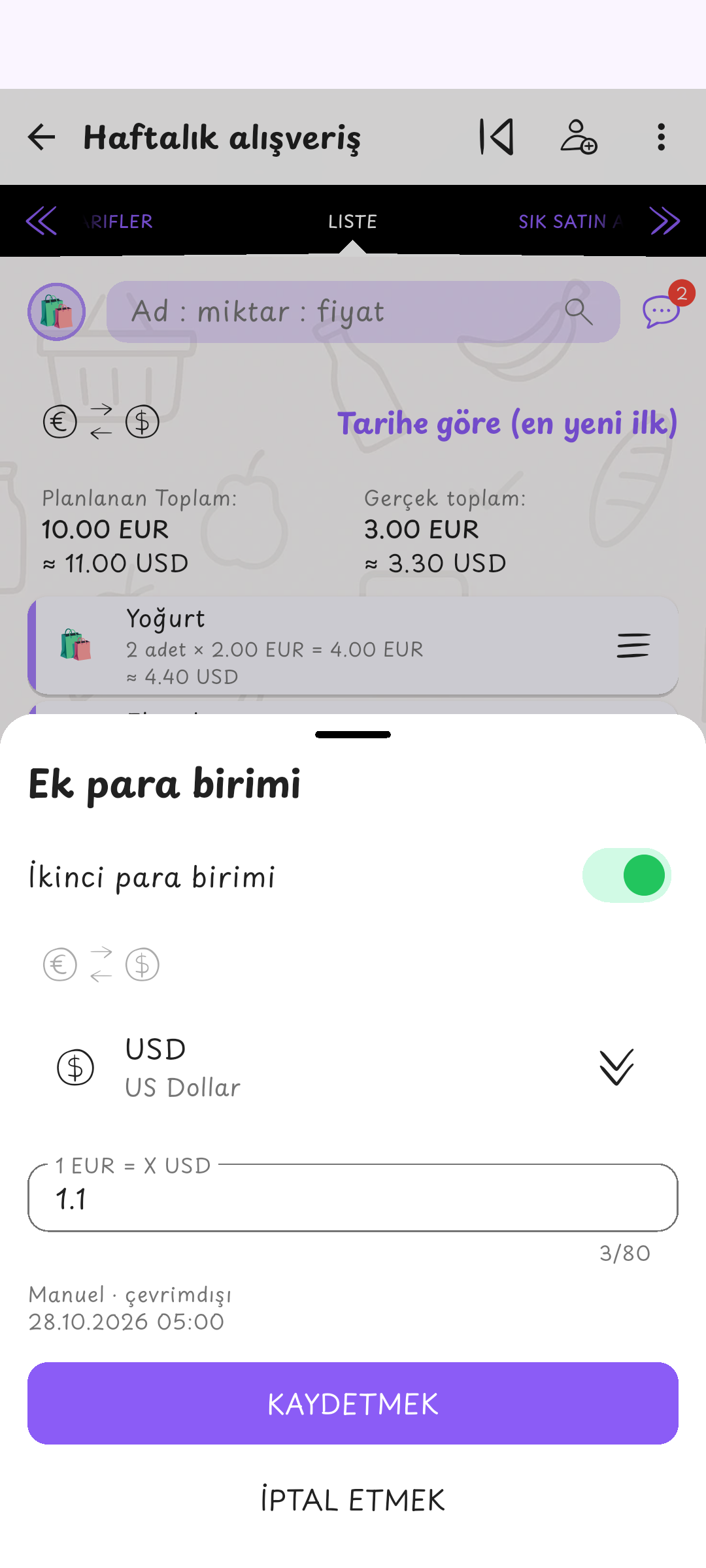 Tanıdık para biriminde ikinci fiyat · Örnek fiyatlar ve kur